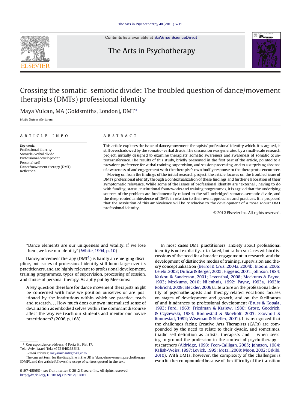 Crossing the somatic–semiotic divide: The troubled question of dance/movement therapists (DMTs) professional identity