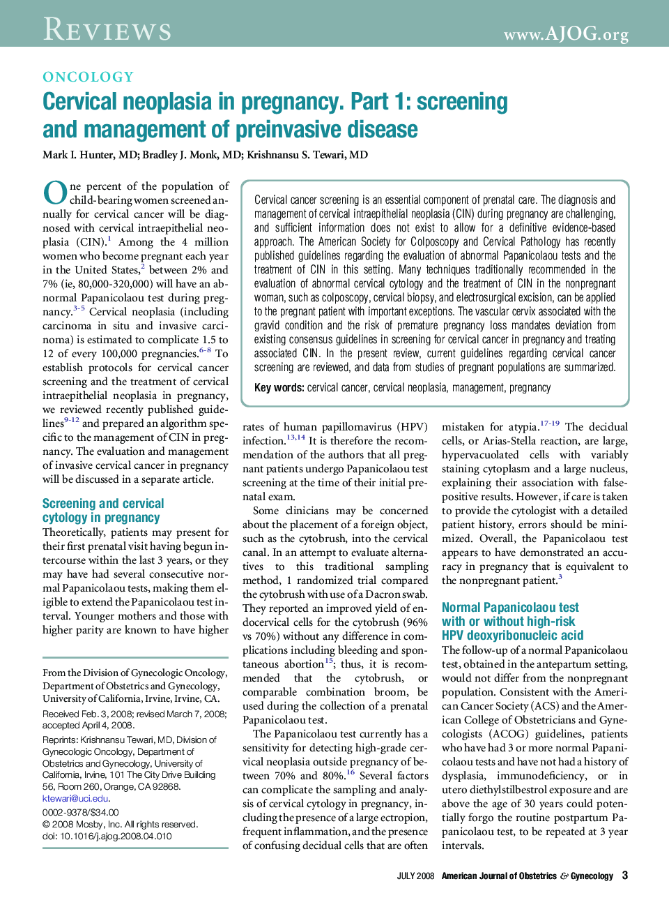 Cervical neoplasia in pregnancy. Part 1: screening and management of preinvasive disease