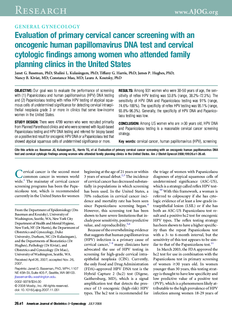 Evaluation of primary cervical cancer screening with an oncogenic human papillomavirus DNA test and cervical cytologic findings among women who attended family planning clinics in the United States