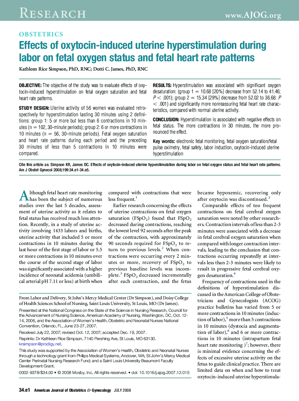 Effects of oxytocin-induced uterine hyperstimulation during labor on fetal oxygen status and fetal heart rate patterns