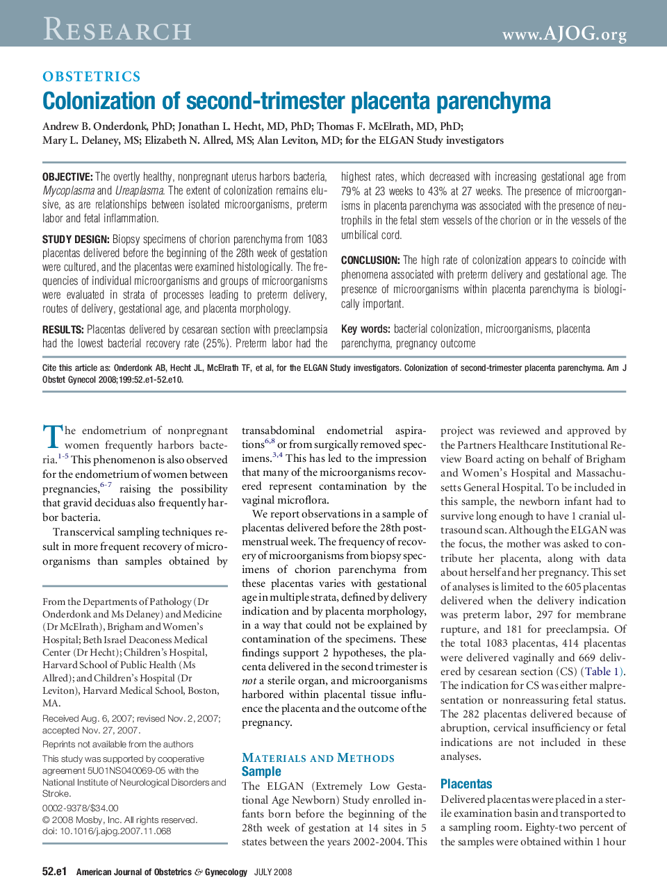 Colonization of second-trimester placenta parenchyma