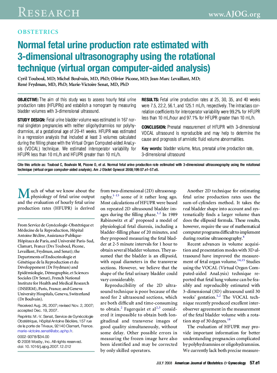 Normal fetal urine production rate estimated with 3-dimensional ultrasonography using the rotational technique (virtual organ computer-aided analysis)