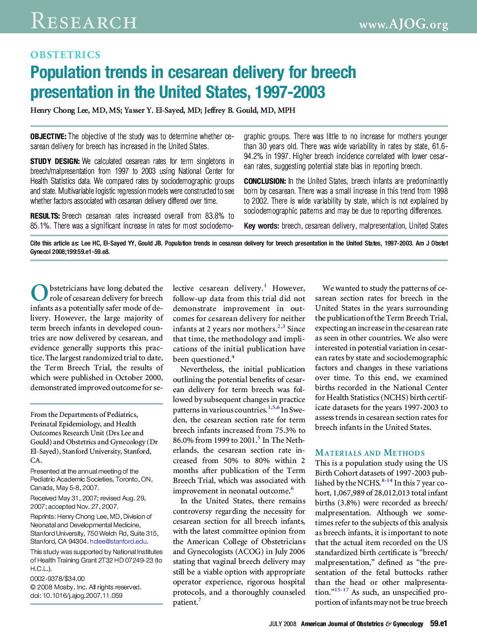 Population trends in cesarean delivery for breech presentation in the United States, 1997-2003
