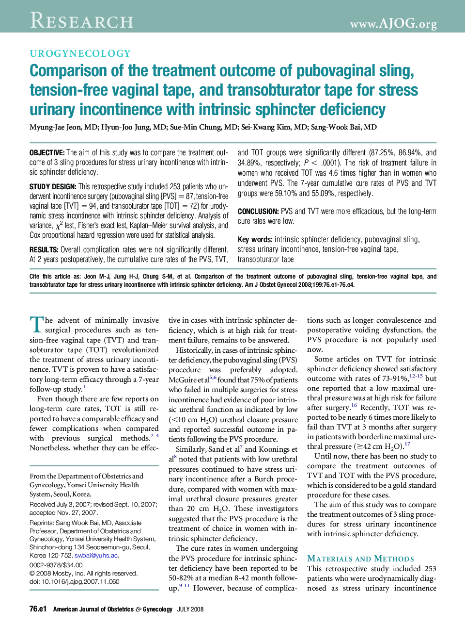 Comparison of the treatment outcome of pubovaginal sling, tension-free vaginal tape, and transobturator tape for stress urinary incontinence with intrinsic sphincter deficiency