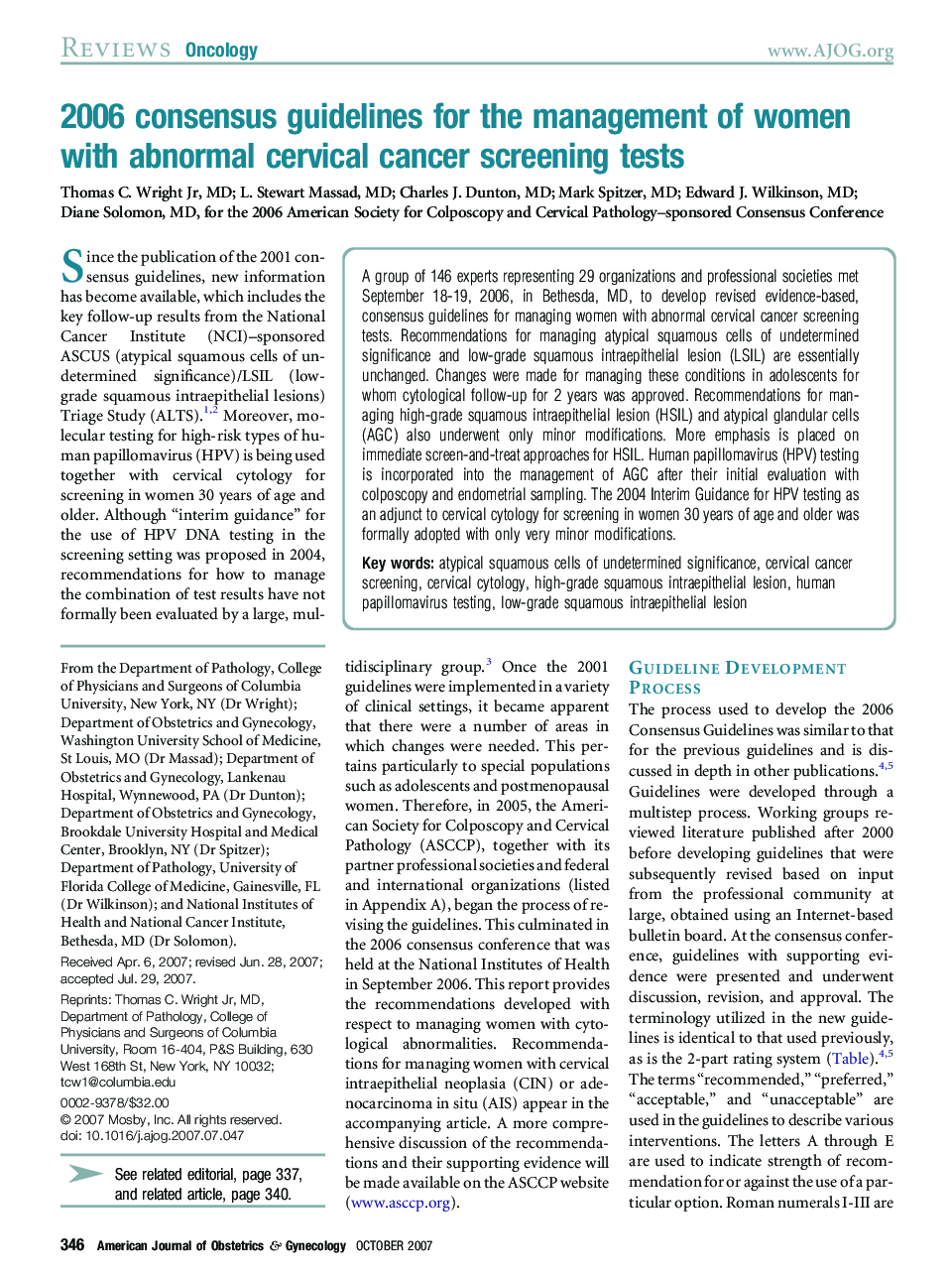 2006 consensus guidelines for the management of women with abnormal cervical cancer screening tests