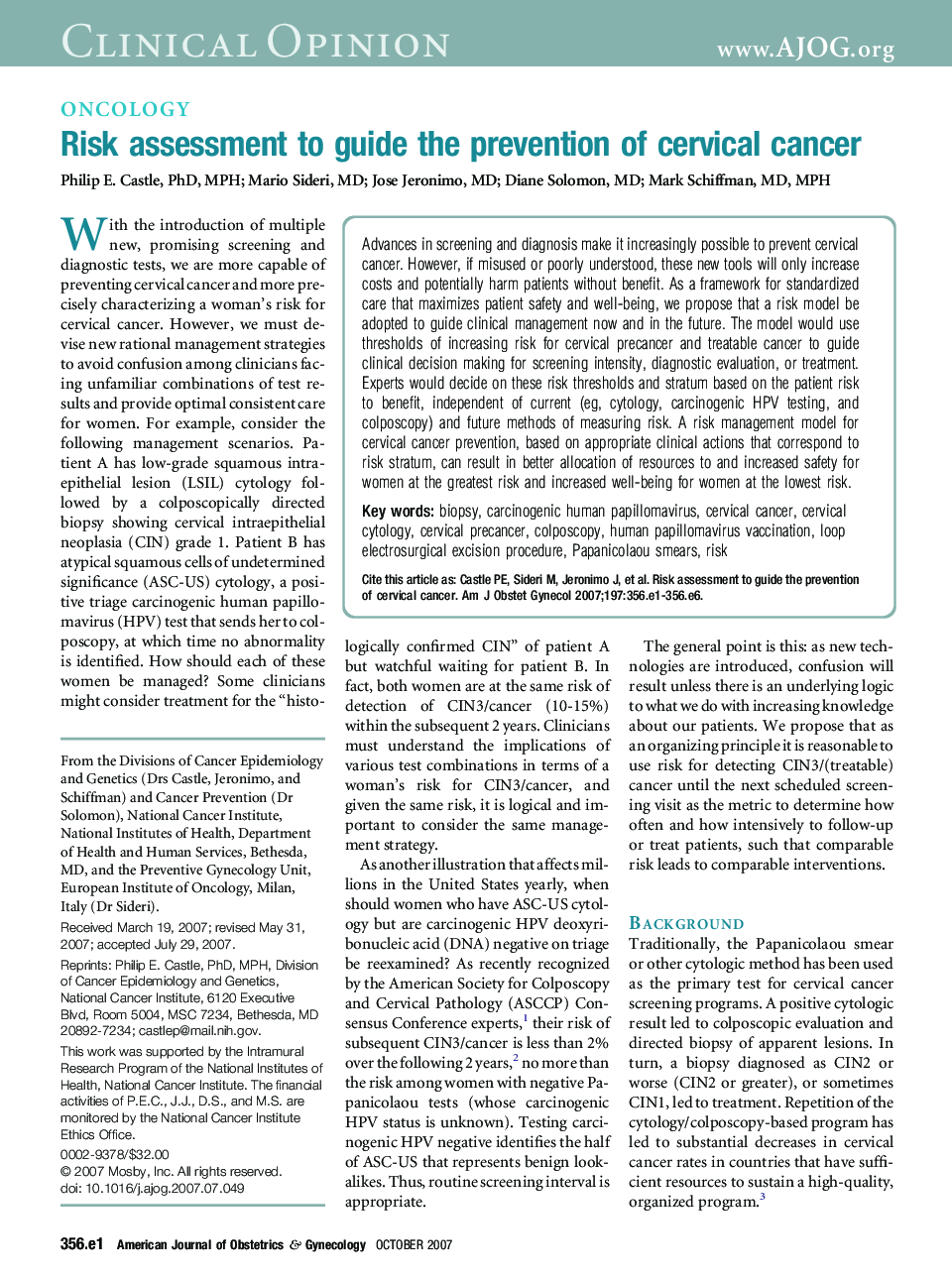 Risk assessment to guide the prevention of cervical cancer