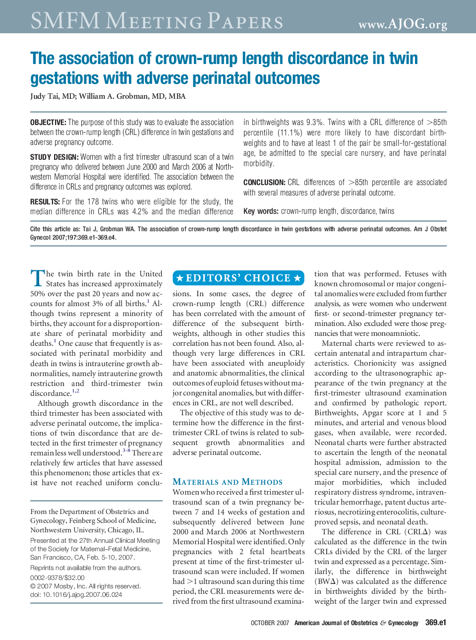 The association of crown-rump length discordance in twin gestations with adverse perinatal outcomes