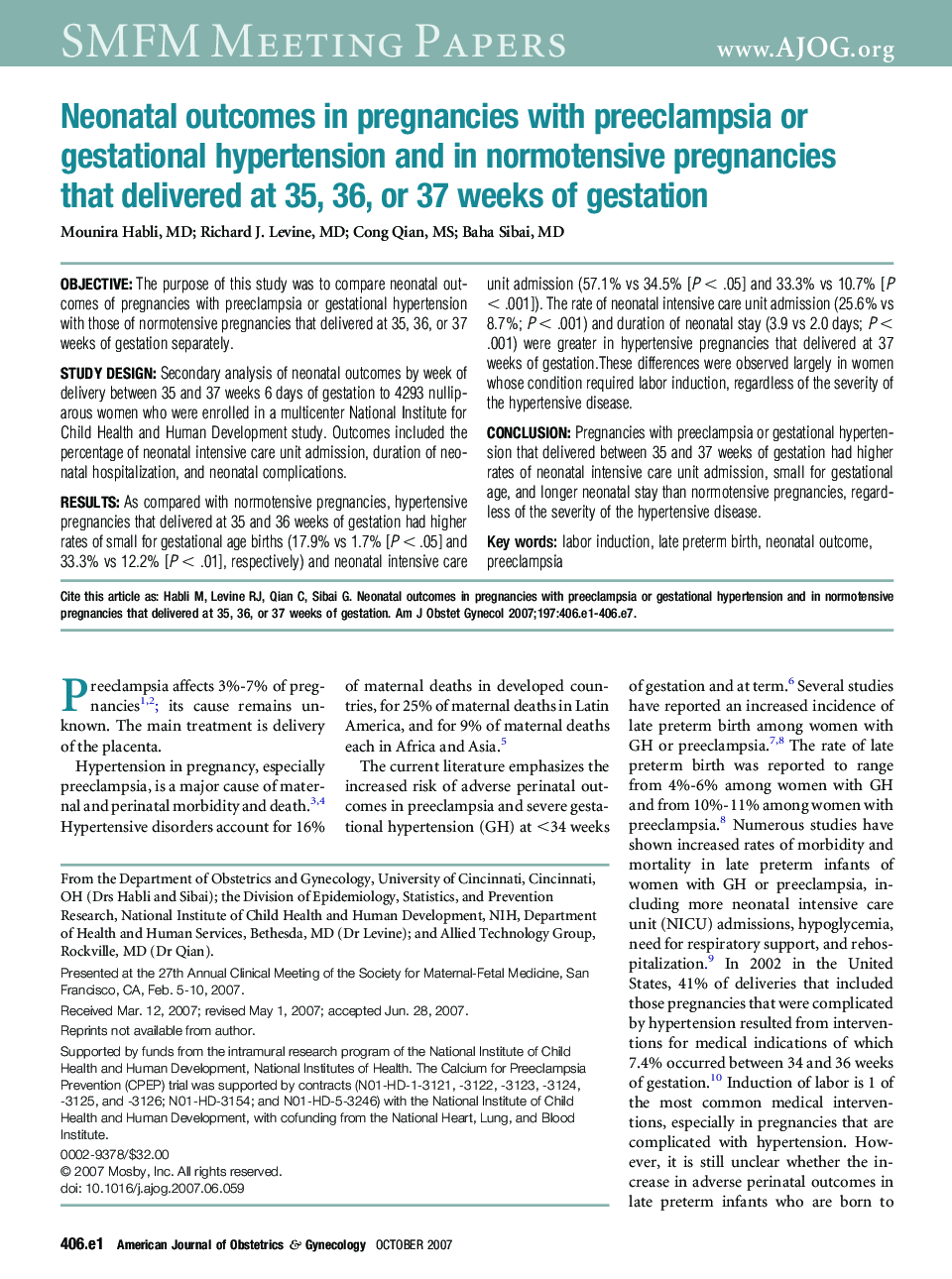 Neonatal outcomes in pregnancies with preeclampsia or gestational hypertension and in normotensive pregnancies that delivered at 35, 36, or 37 weeks of gestation