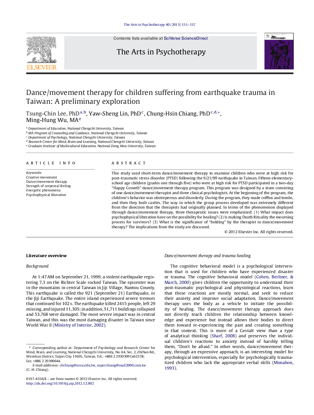 Dance/movement therapy for children suffering from earthquake trauma in Taiwan: A preliminary exploration
