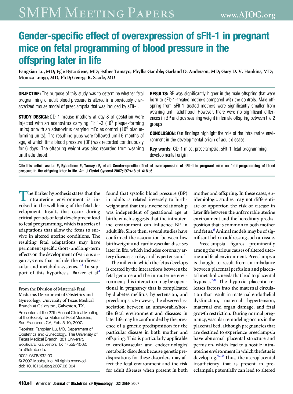 Gender-specific effect of overexpression of sFlt-1 in pregnant mice on fetal programming of blood pressure in the offspring later in life