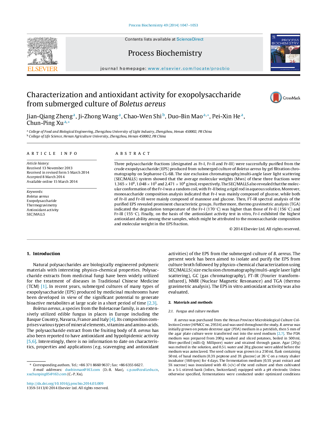 Characterization and antioxidant activity for exopolysaccharide from submerged culture of Boletus aereus