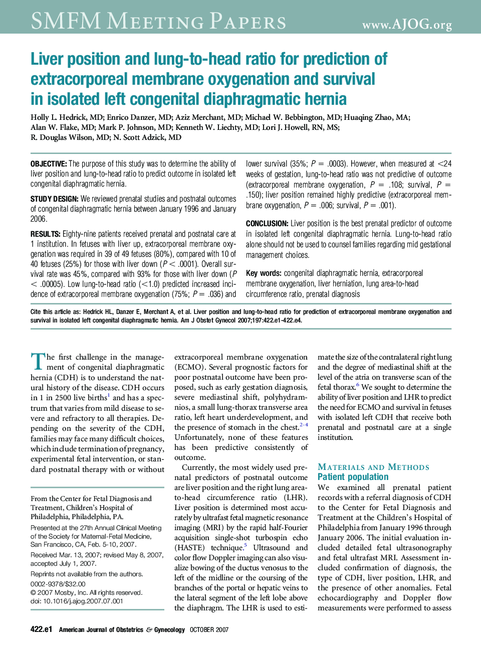 Liver position and lung-to-head ratio for prediction of extracorporeal membrane oxygenation and survival in isolated left congenital diaphragmatic hernia