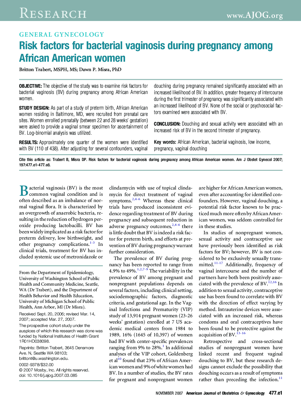 Risk factors for bacterial vaginosis during pregnancy among African American women