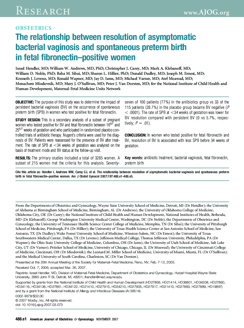 The relationship between resolution of asymptomatic bacterial vaginosis and spontaneous preterm birth in fetal fibronectin-positive women