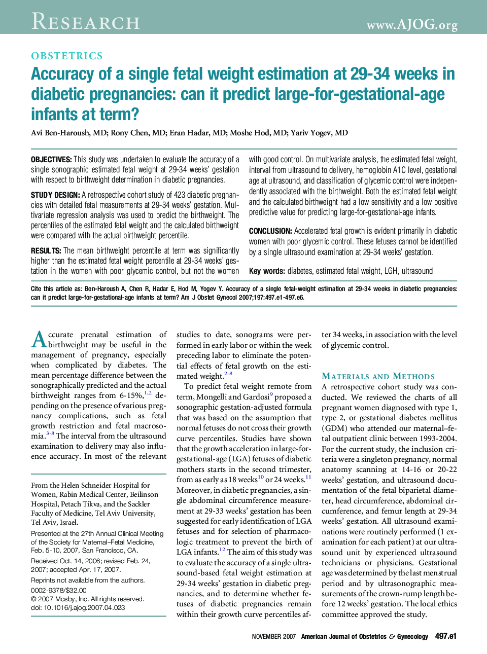 Accuracy of a single fetal weight estimation at 29-34 weeks in diabetic pregnancies: can it predict large-for-gestational-age infants at term?