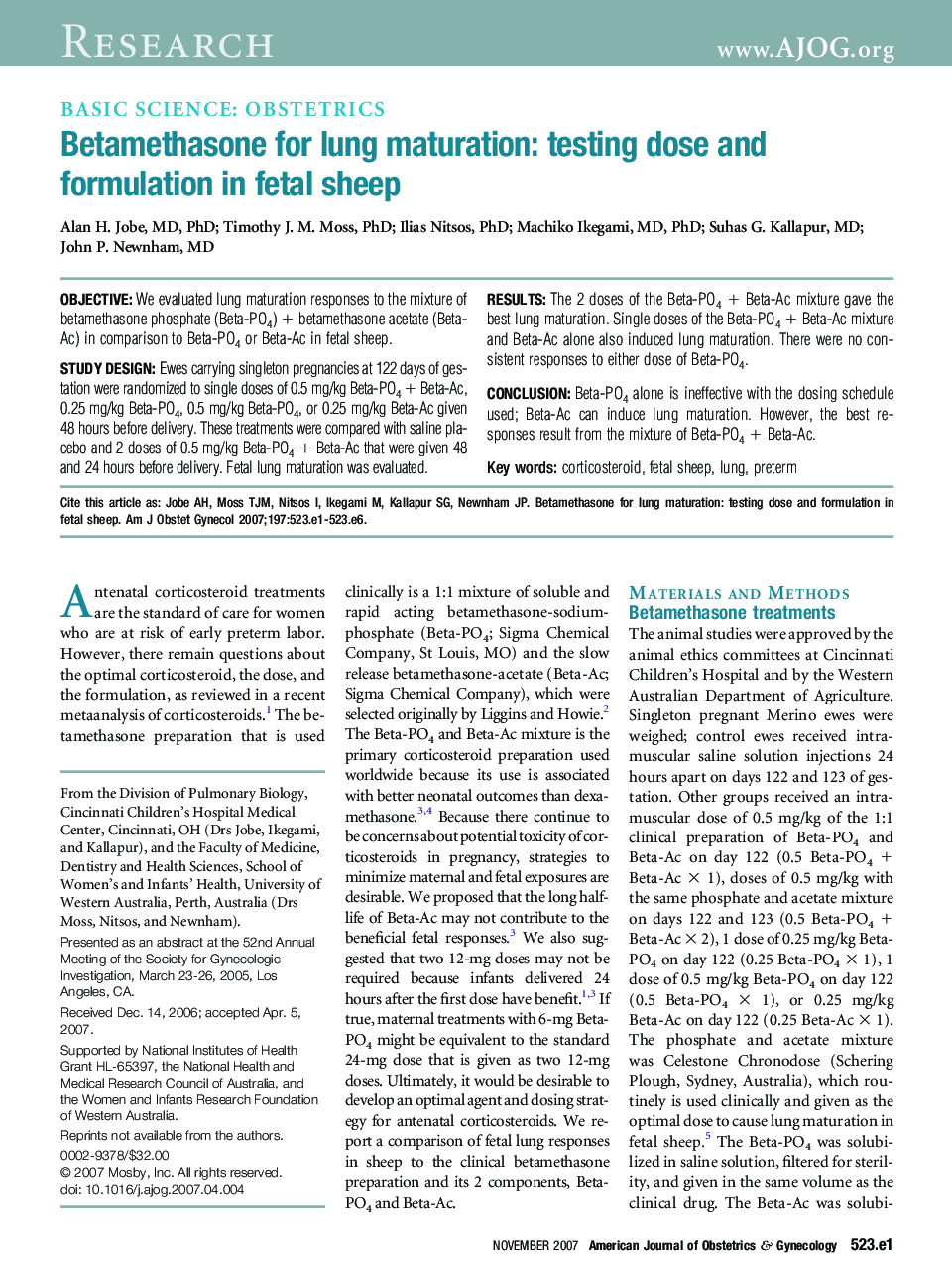 Betamethasone for lung maturation: testing dose and formulation in fetal sheep