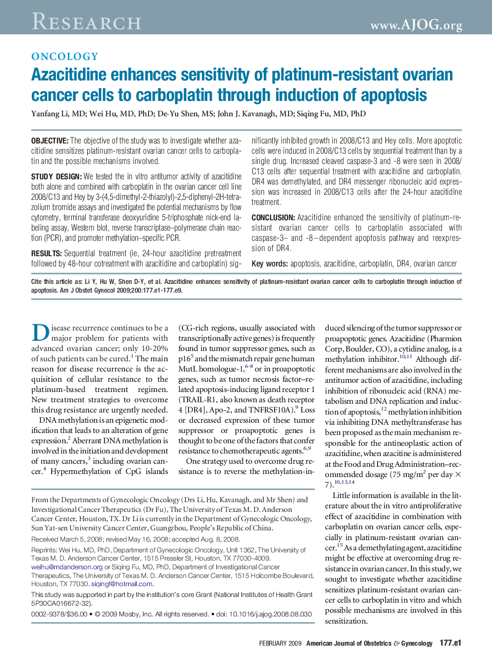 Azacitidine enhances sensitivity of platinum-resistant ovarian cancer cells to carboplatin through induction of apoptosis