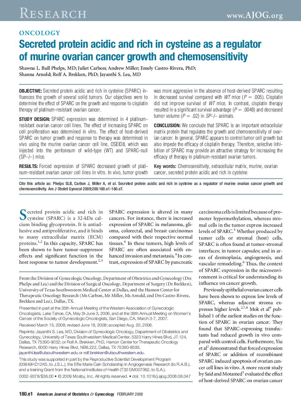 Secreted protein acidic and rich in cysteine as a regulator of murine ovarian cancer growth and chemosensitivity