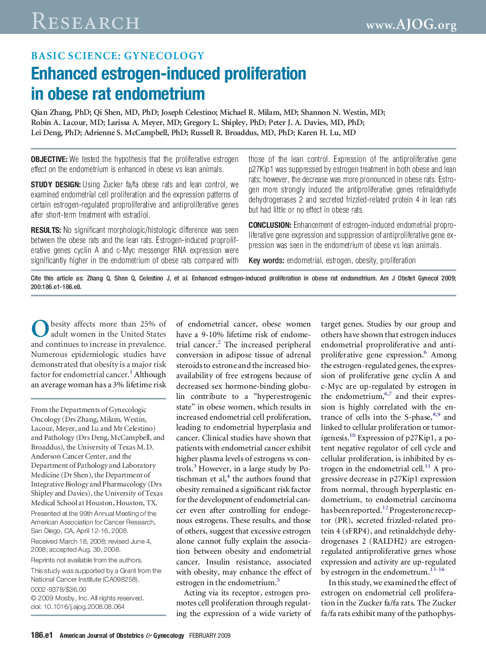 Enhanced estrogen-induced proliferation in obese rat endometrium