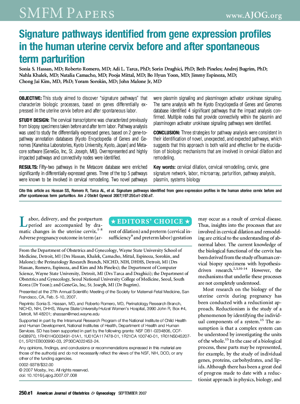 Signature pathways identified from gene expression profiles in the human uterine cervix before and after spontaneous term parturition