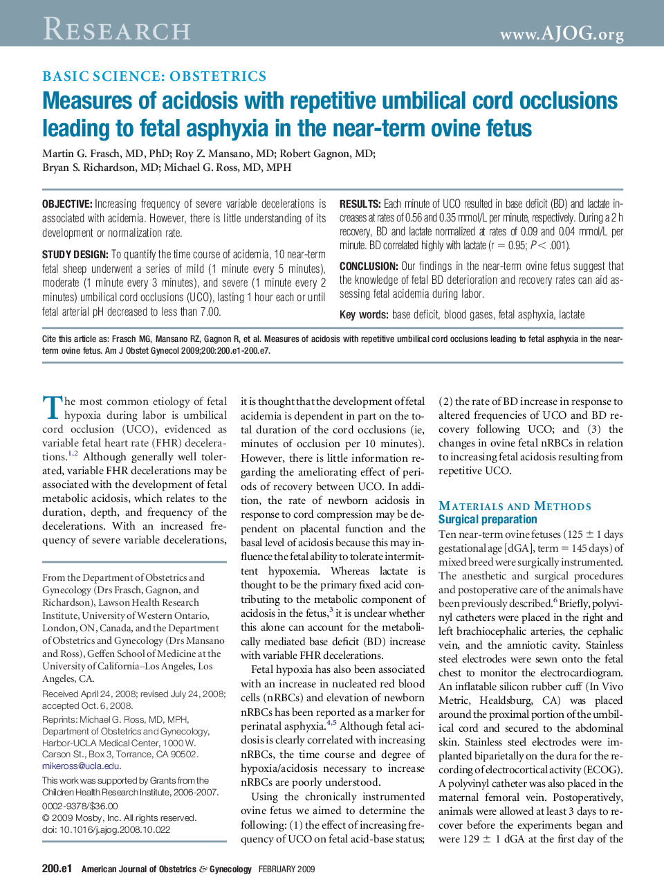 Measures of acidosis with repetitive umbilical cord occlusions leading to fetal asphyxia in the near-term ovine fetus