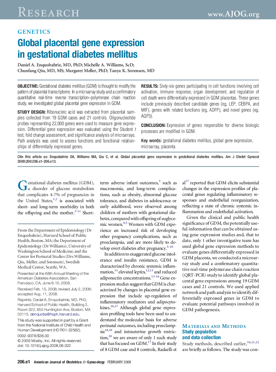 Global placental gene expression in gestational diabetes mellitus