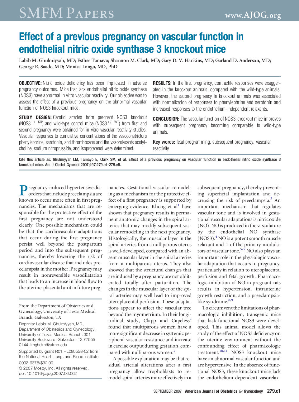 Effect of a previous pregnancy on vascular function in endothelial nitric oxide synthase 3 knockout mice