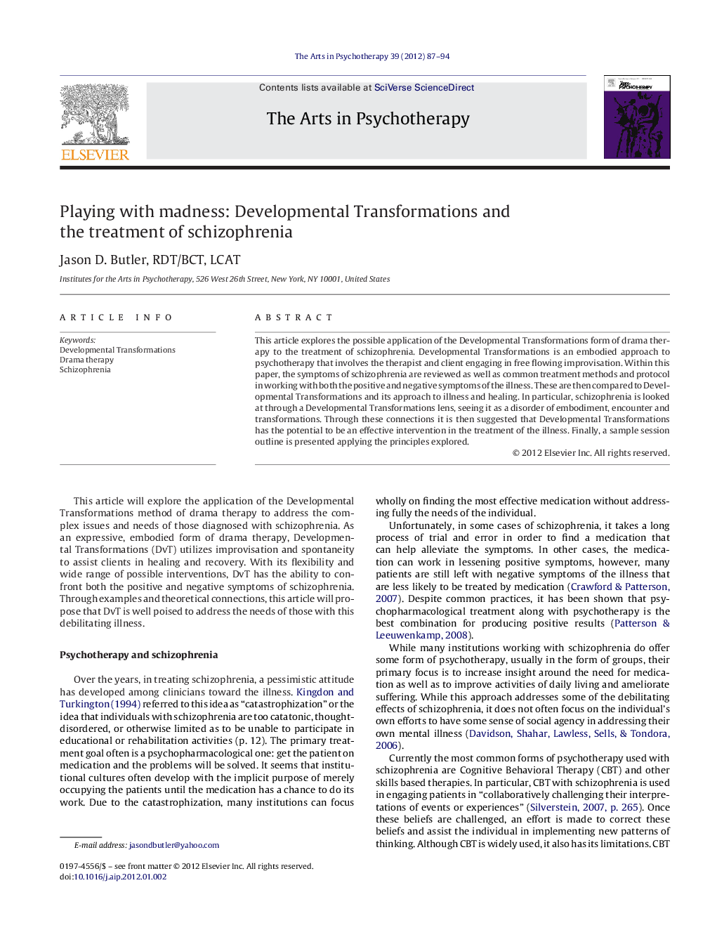 Playing with madness: Developmental Transformations and the treatment of schizophrenia