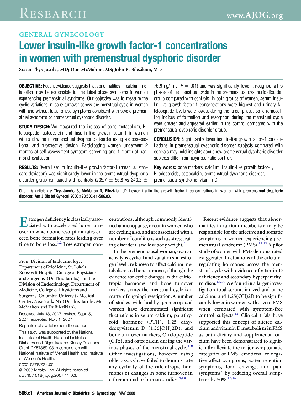 Lower insulin-like growth factor-1 concentrations in women with premenstrual dysphoric disorder