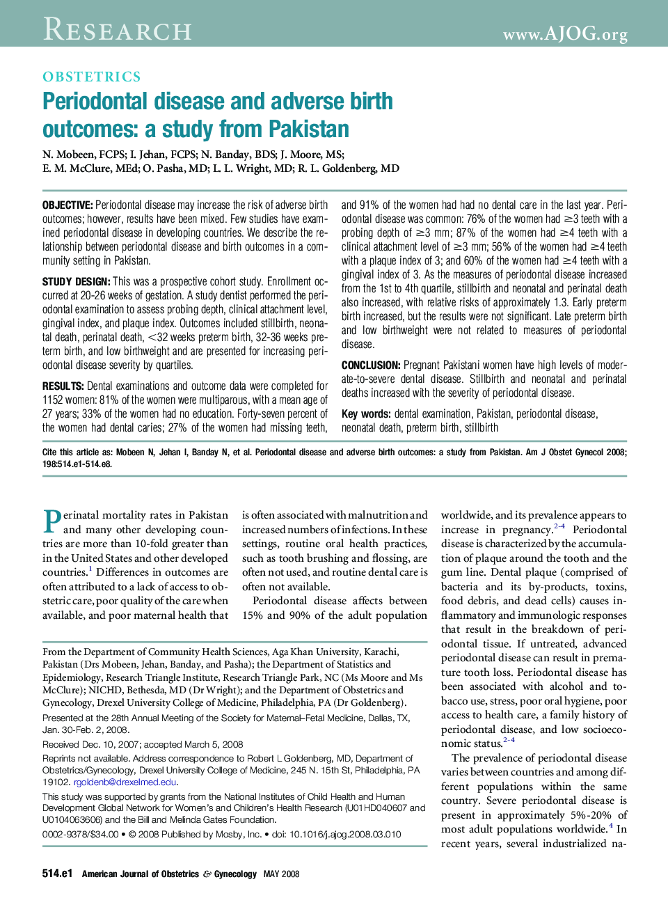 Periodontal disease and adverse birth outcomes: a study from Pakistan