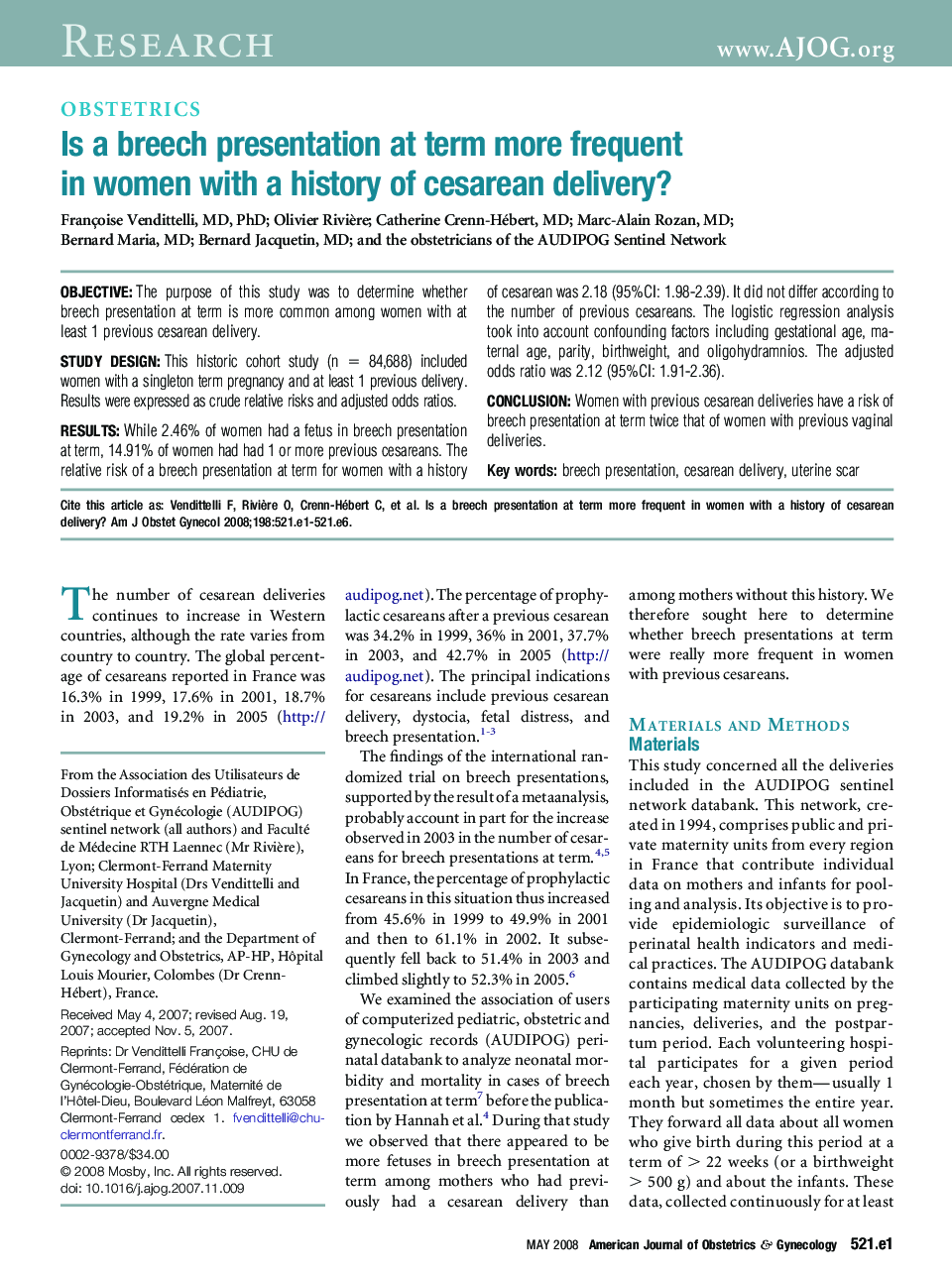 Is a breech presentation at term more frequent in women with a history of cesarean delivery?