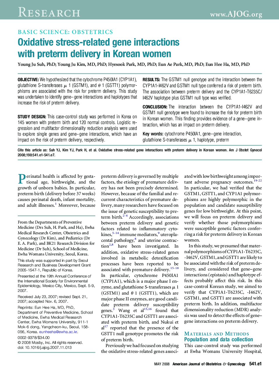 Oxidative stress-related gene interactions with preterm delivery in Korean women