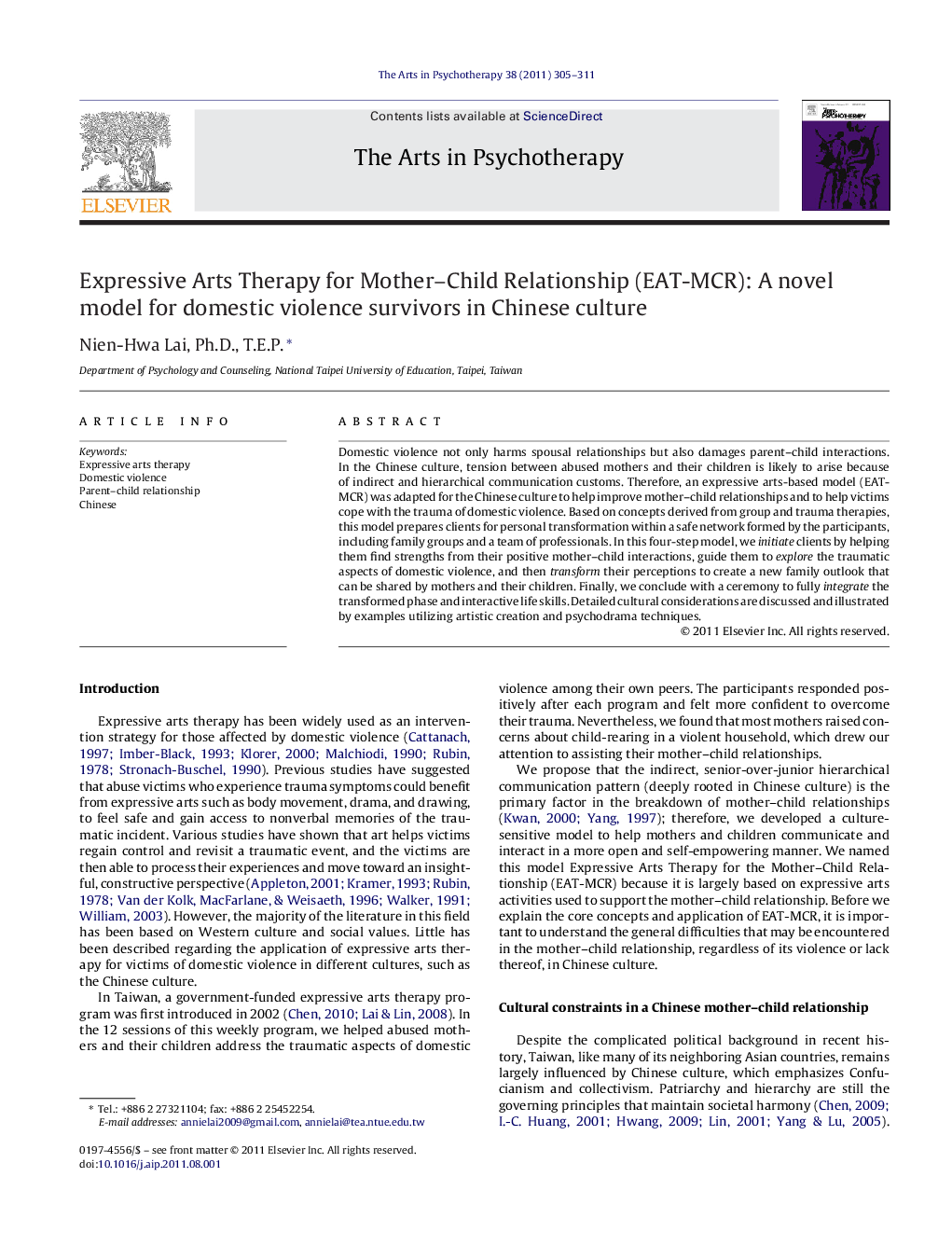 Expressive Arts Therapy for Mother–Child Relationship (EAT-MCR): A novel model for domestic violence survivors in Chinese culture