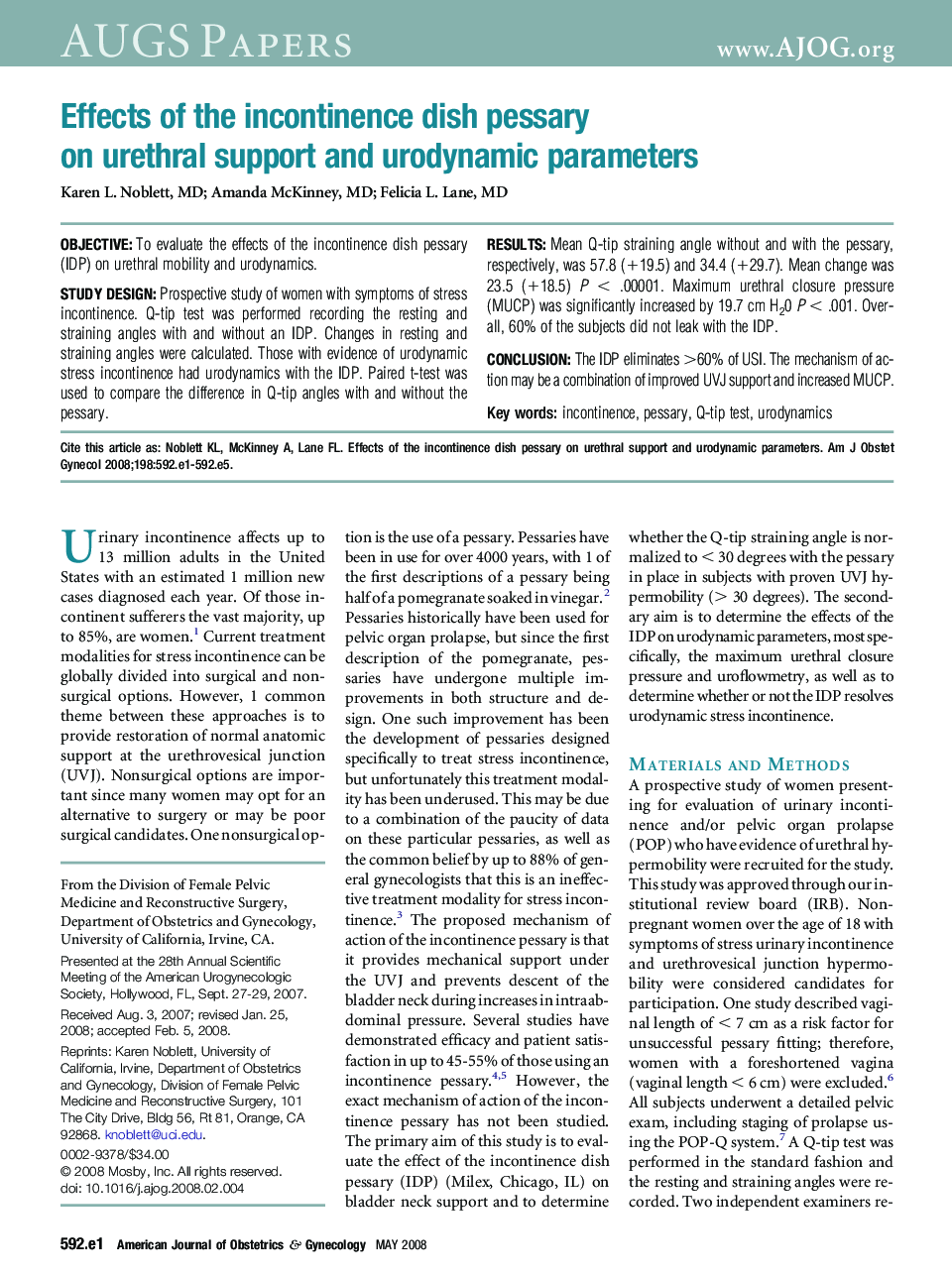 Effects of the incontinence dish pessary on urethral support and urodynamic parameters