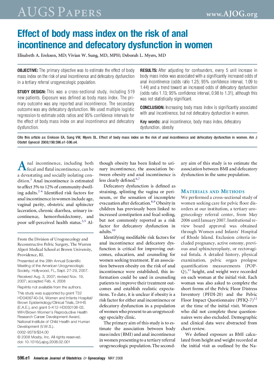 Effect of body mass index on the risk of anal incontinence and defecatory dysfunction in women