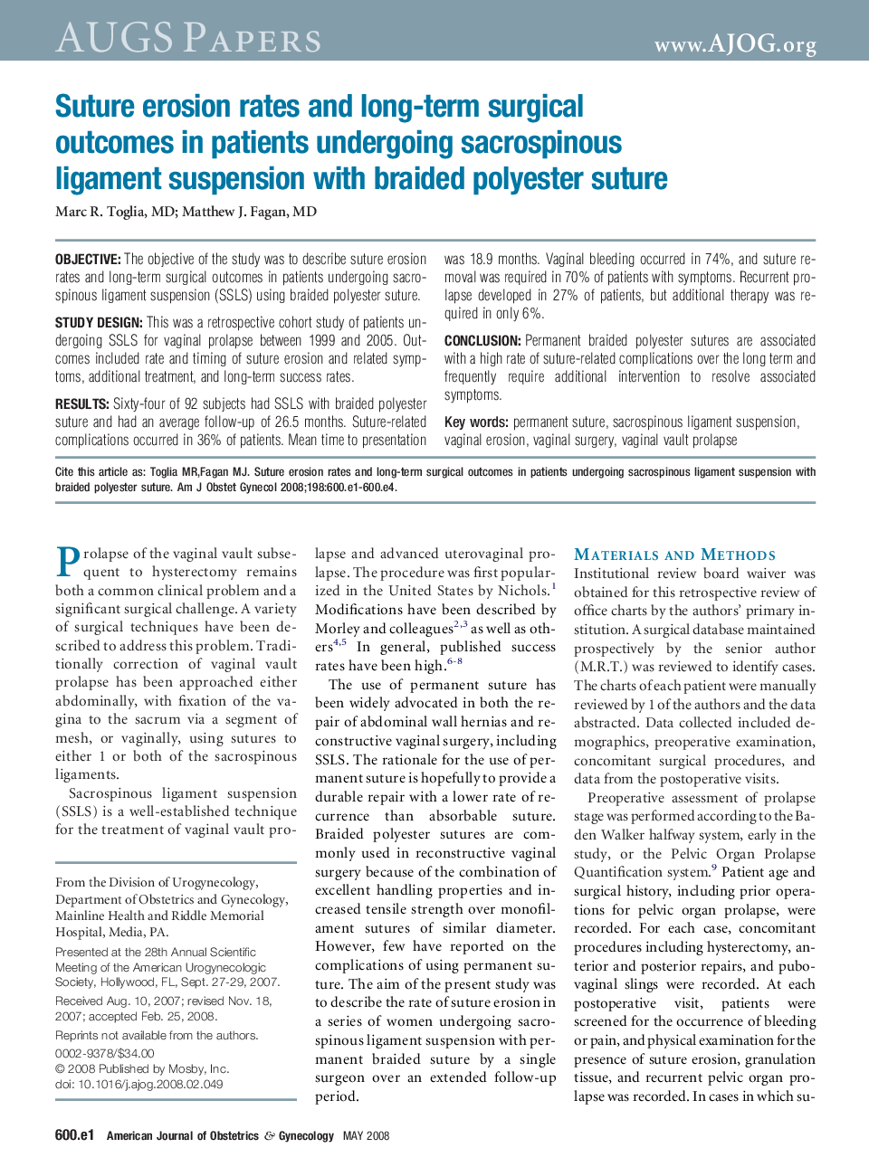 Suture erosion rates and long-term surgical outcomes in patients undergoing sacrospinous ligament suspension with braided polyester suture