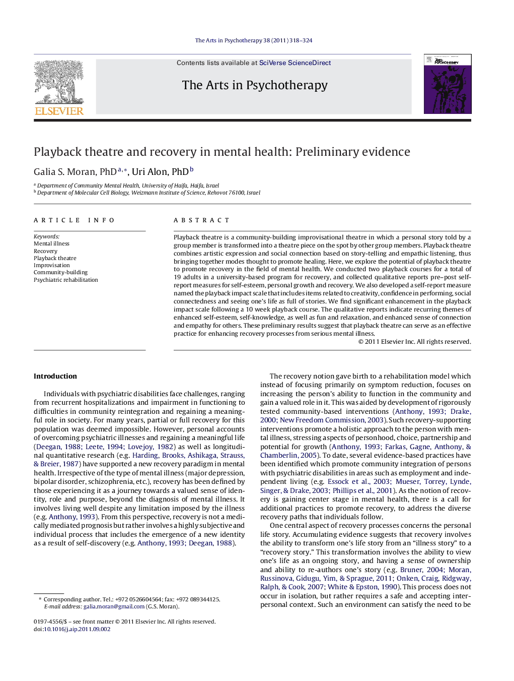 Playback theatre and recovery in mental health: Preliminary evidence