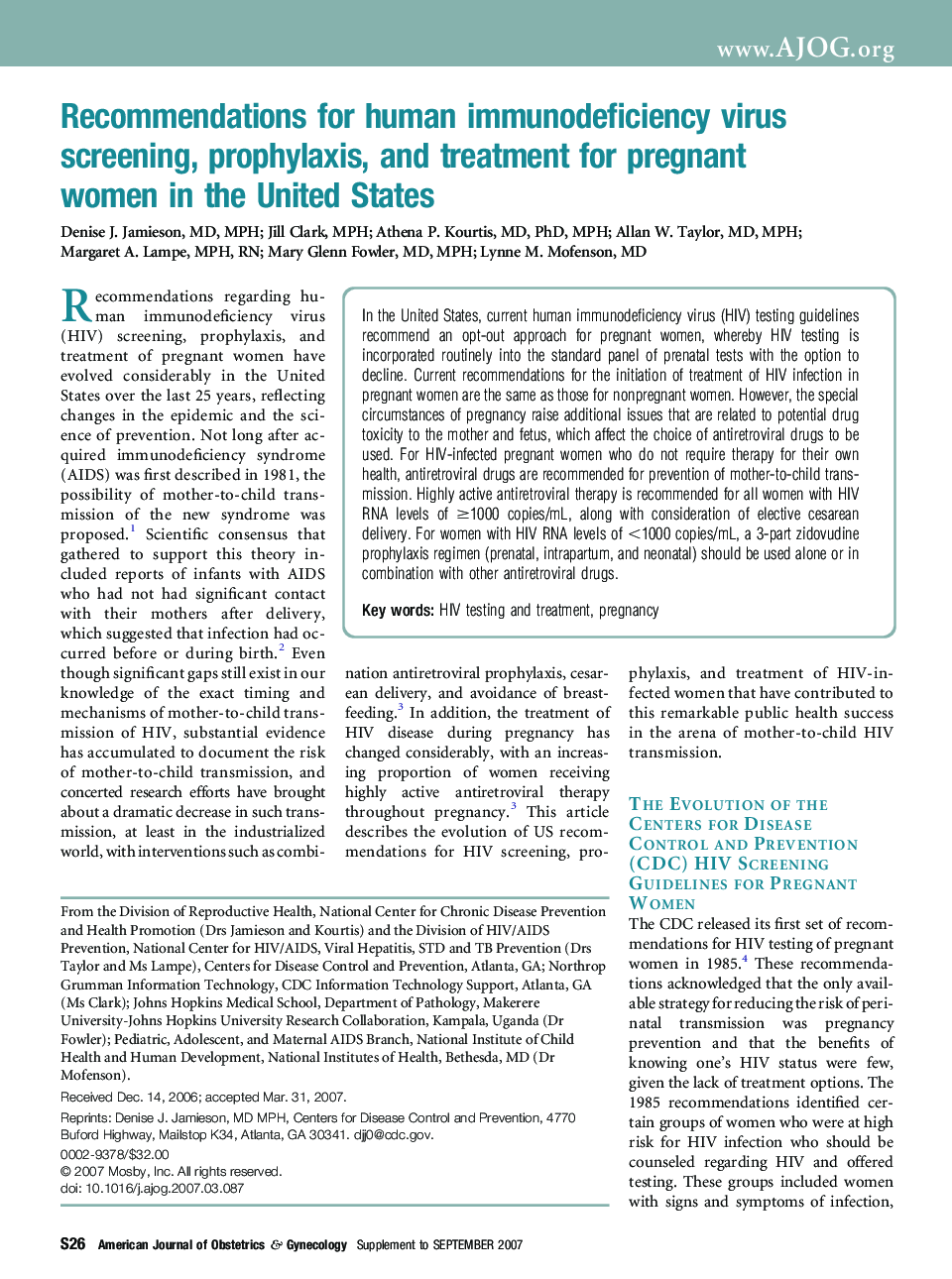 Recommendations for human immunodeficiency virus screening, prophylaxis, and treatment for pregnant women in the United States