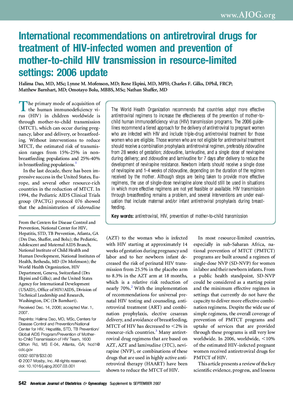 International recommendations on antiretroviral drugs for treatment of HIV-infected women and prevention of mother-to-child HIV transmission in resource-limited settings: 2006 update