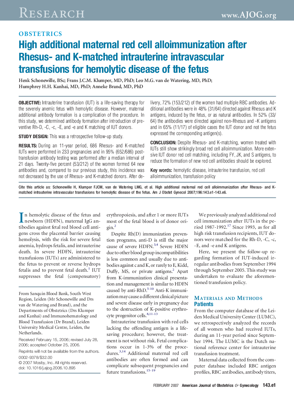 High additional maternal red cell alloimmunization after Rhesus- and K-matched intrauterine intravascular transfusions for hemolytic disease of the fetus