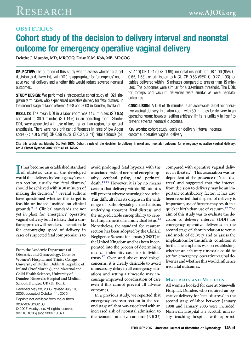 Cohort study of the decision to delivery interval and neonatal outcome for emergency operative vaginal delivery