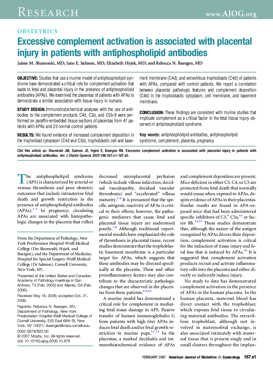 Excessive complement activation is associated with placental injury in patients with antiphospholipid antibodies