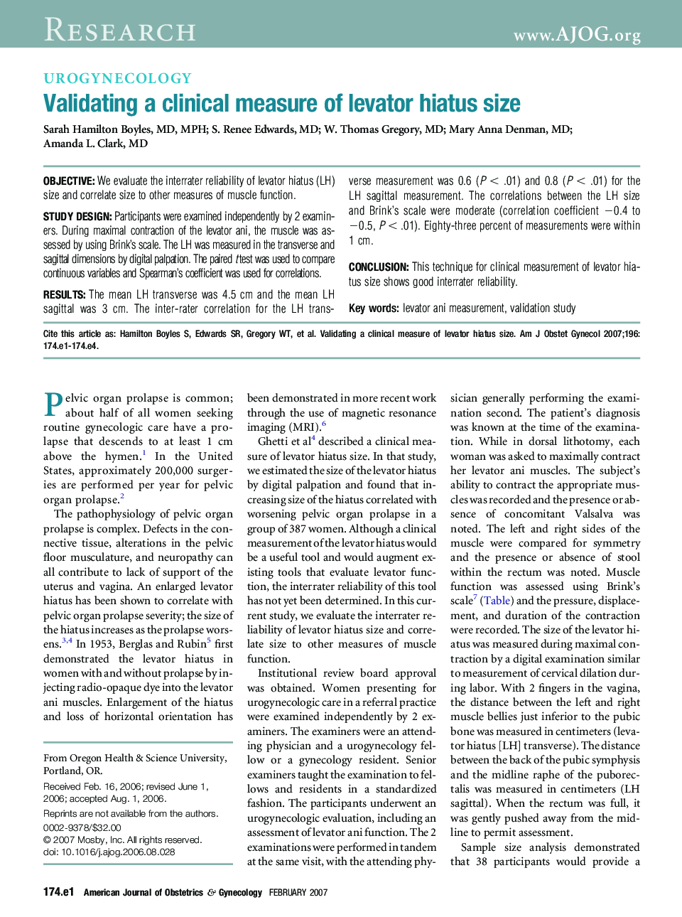 Validating a clinical measure of levator hiatus size