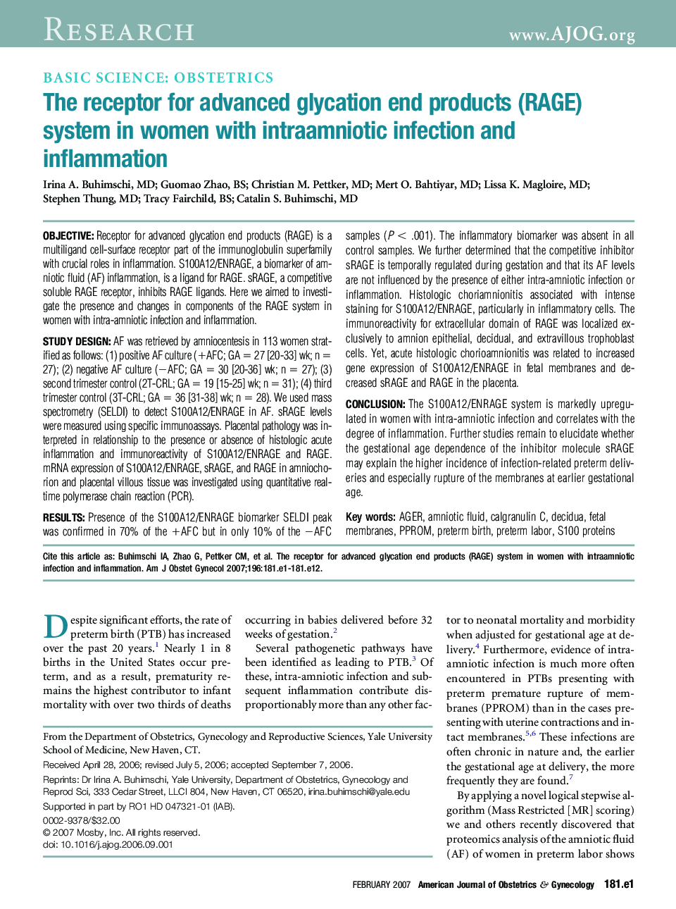 The receptor for advanced glycation end products (RAGE) system in women with intraamniotic infection and inflammation