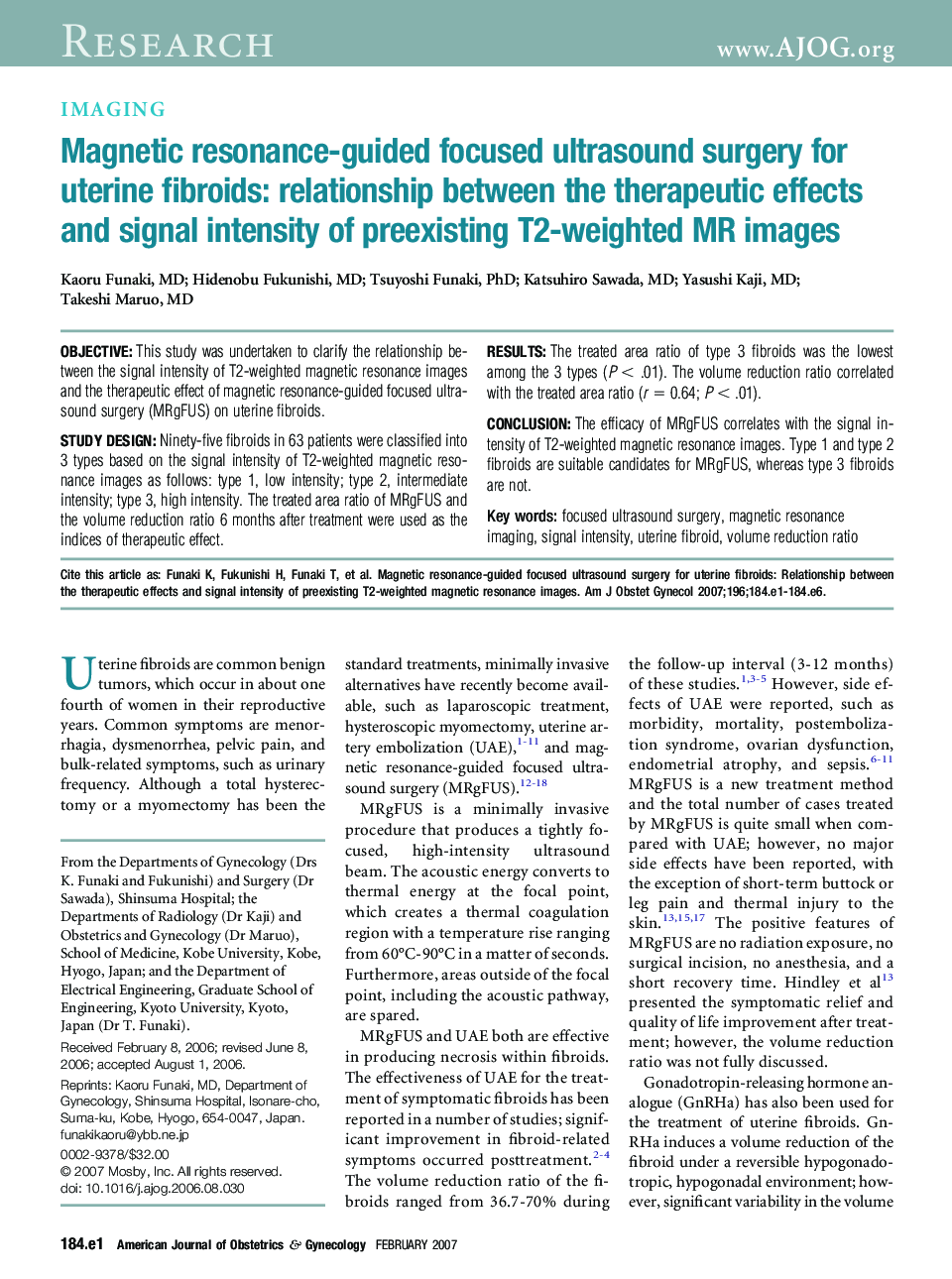 Magnetic resonance-guided focused ultrasound surgery for uterine fibroids: relationship between the therapeutic effects and signal intensity of preexisting T2-weighted magnetic resonance images