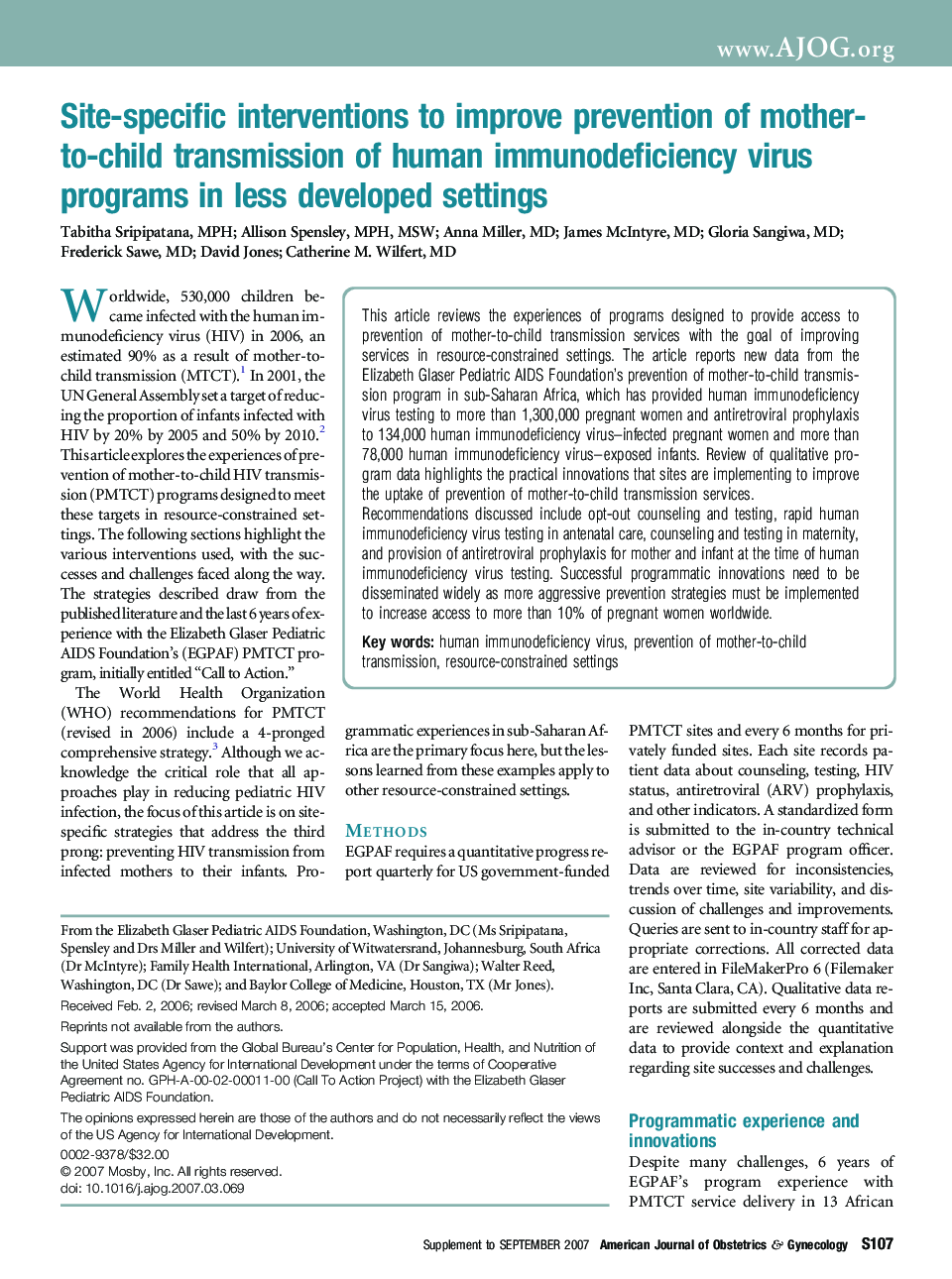 Site-specific interventions to improve prevention of mother-to-child transmission of human immunodeficiency virus programs in less developed settings 