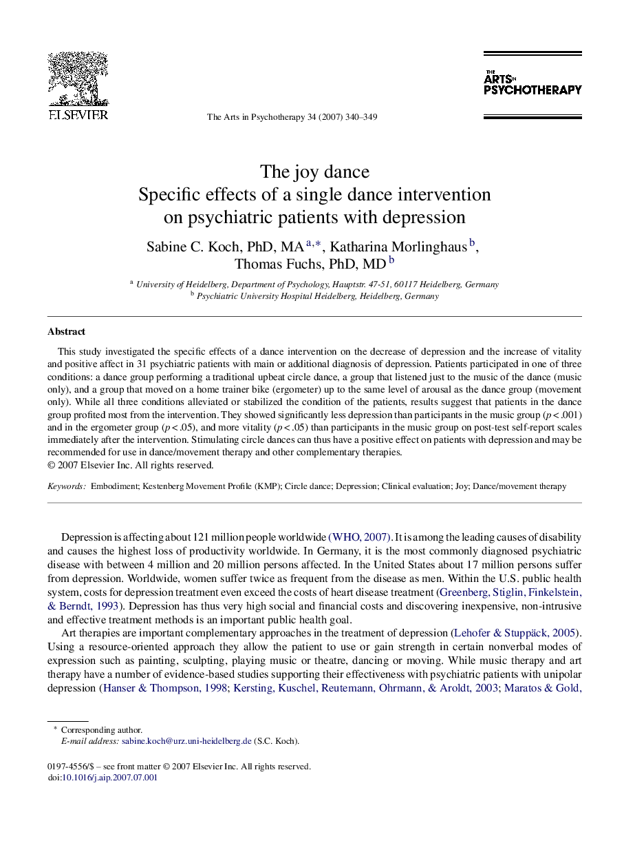 The joy dance: Specific effects of a single dance intervention on psychiatric patients with depression