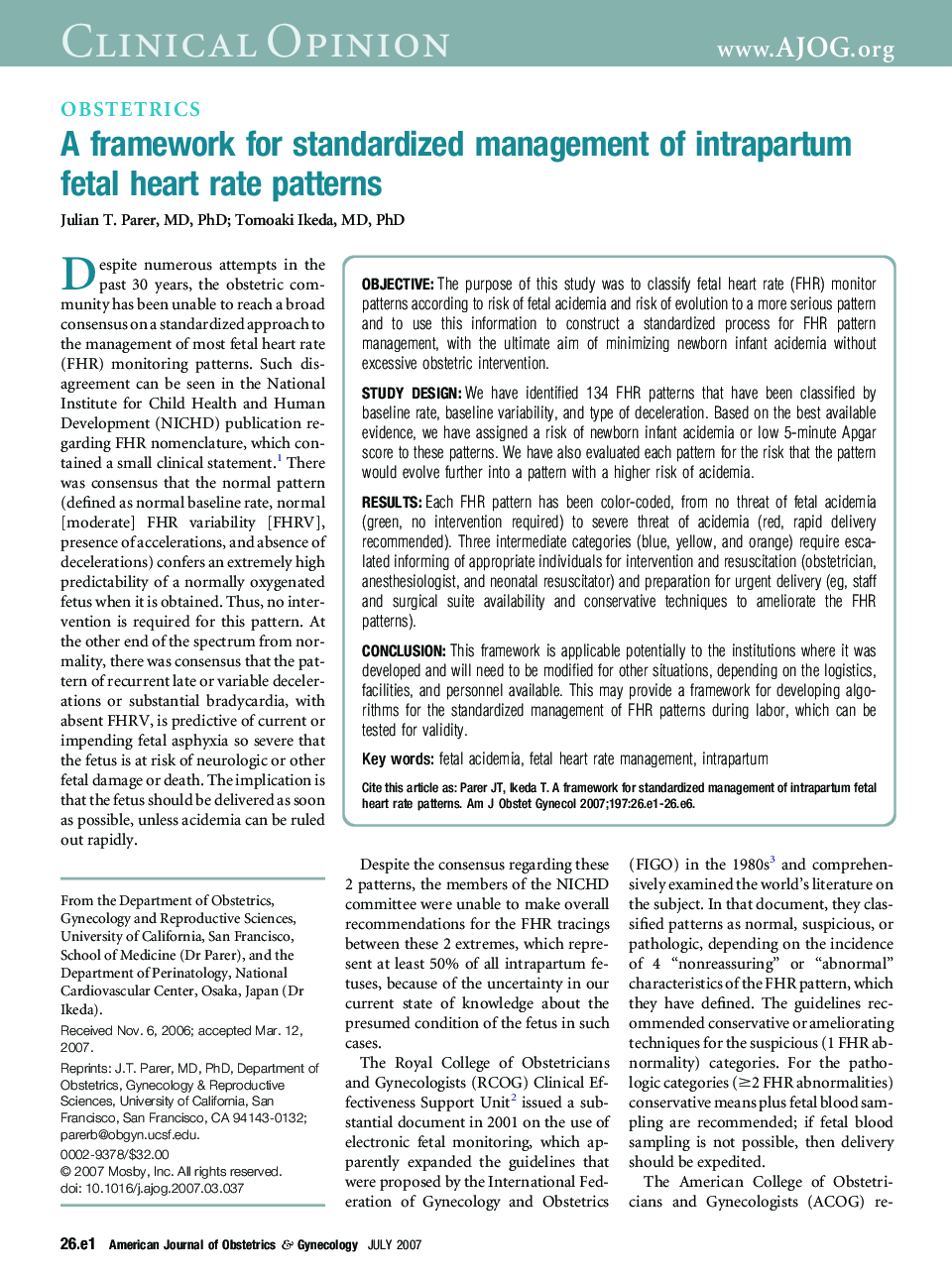 A framework for standardized management of intrapartum fetal heart rate patterns