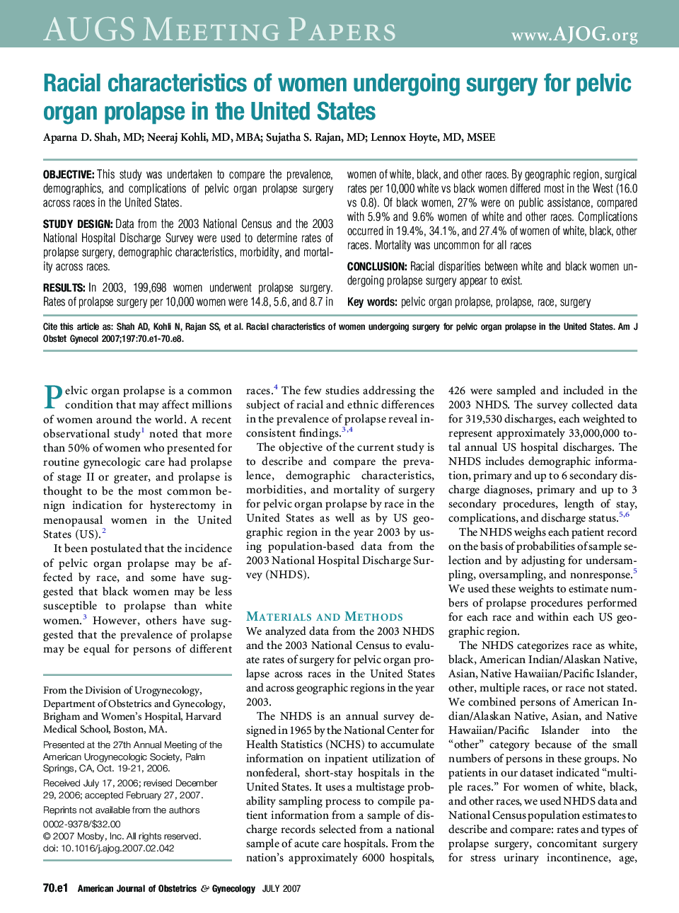 Racial characteristics of women undergoing surgery for pelvic organ prolapse in the United States