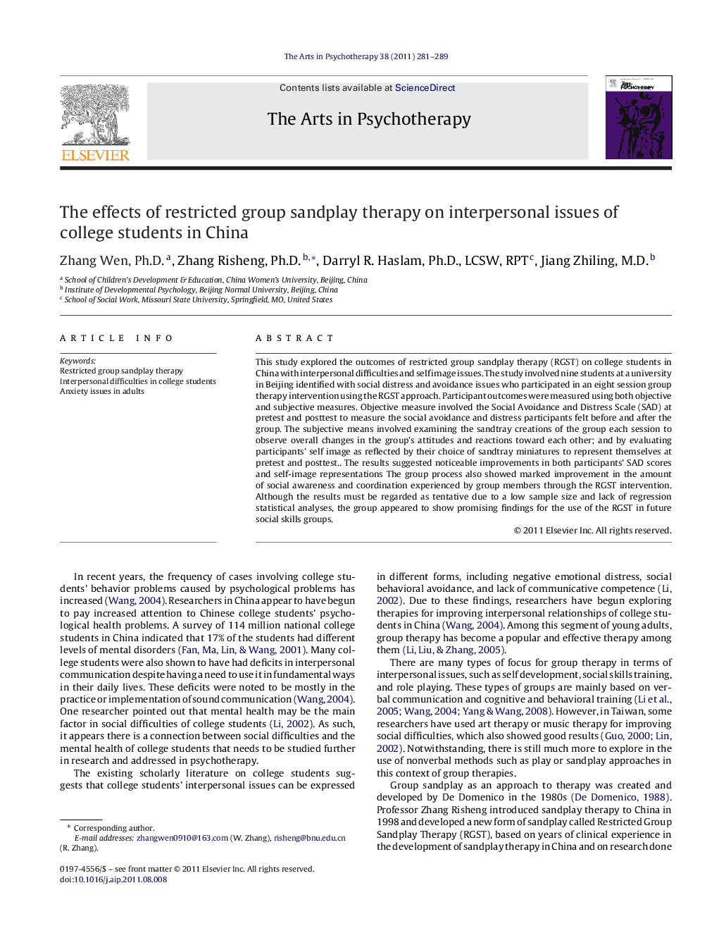 The effects of restricted group sandplay therapy on interpersonal issues of college students in China